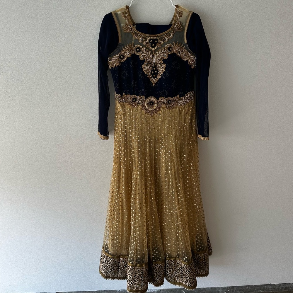 Navy blue and yellow gold maxi kameez three piece shaadi suit